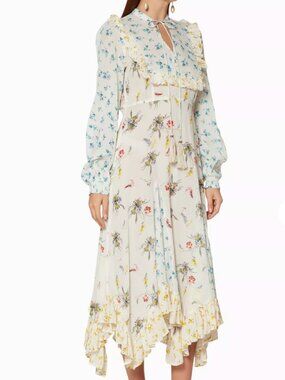 By Timo Dress Midi Asymmetrical Hemline Ruffled Long Sleeve Floral White Medium